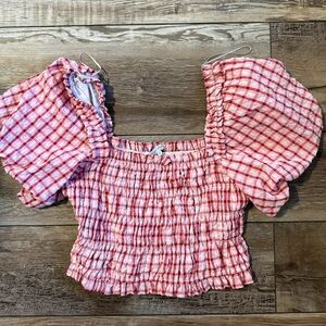 English Factory Pink Gingham Smocked Puff Sleeve Crop Top | M